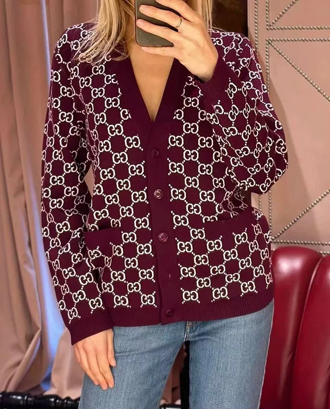 Wine red full printed knitted cardigan MY-93260