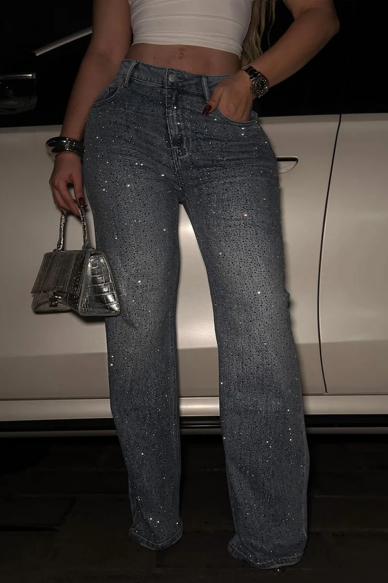 Women Hot Rhinestone and Washed Casual Jeans