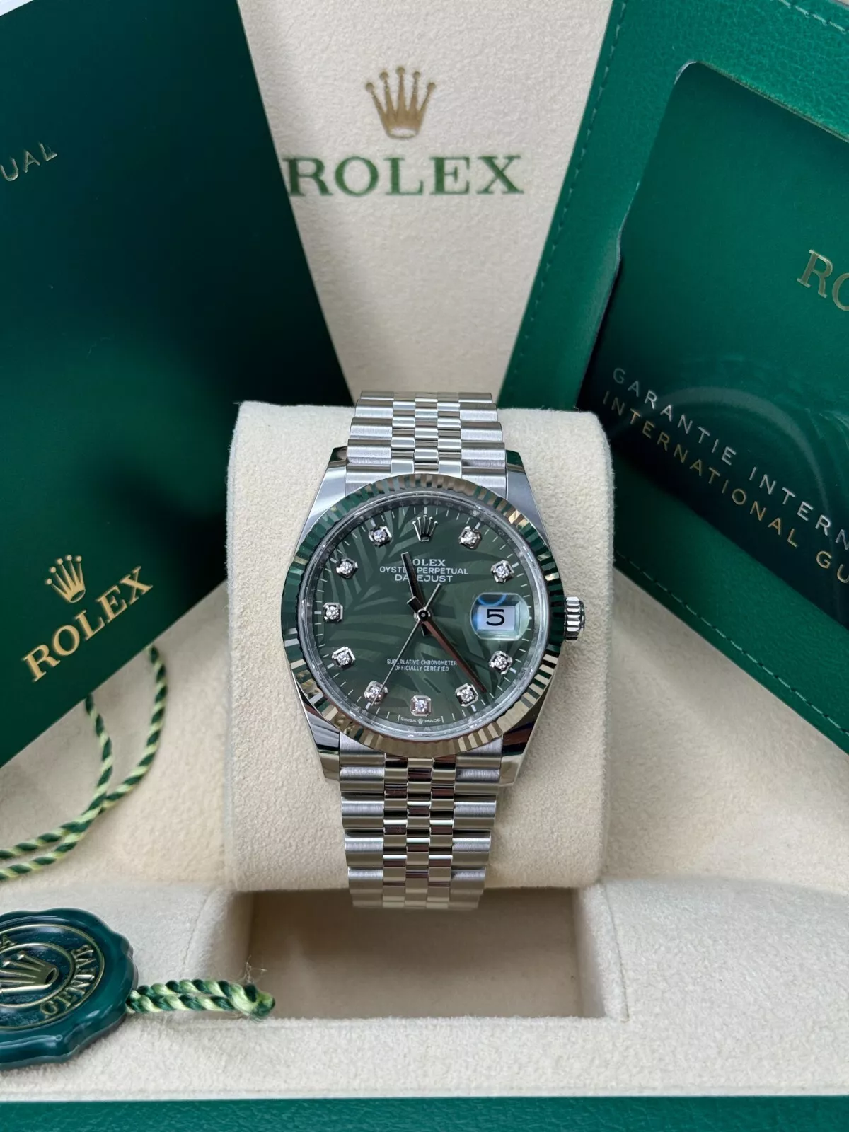 【Super Clone】RLX  Datejust 36mm 126234-0055 Olive Green Palm Motif Diamond Dial Jubilee Stainless Steel Watch