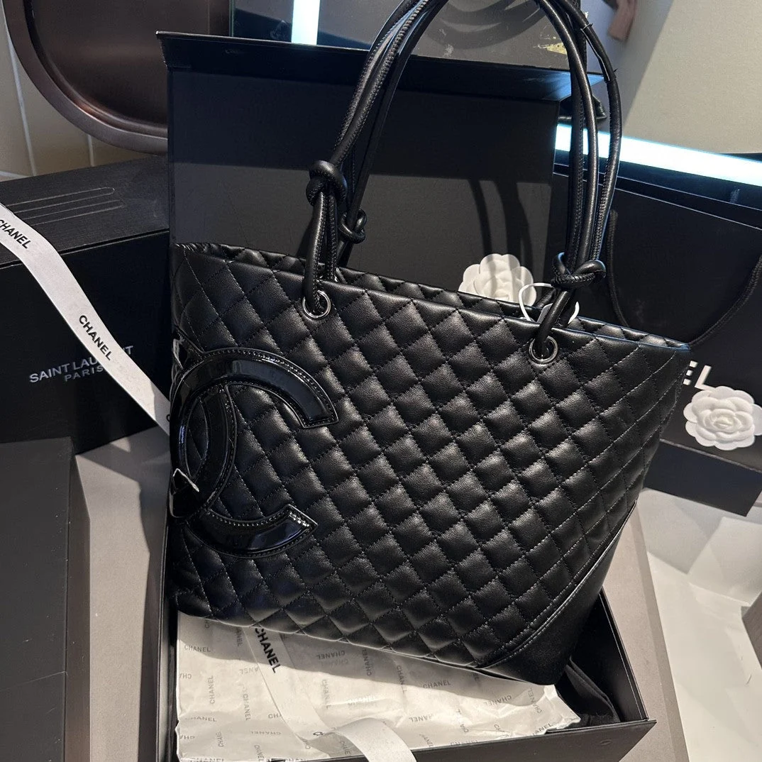 [Chanel] Cambon Ligne Black Quilted Lambskin Leather Large Tote Bag