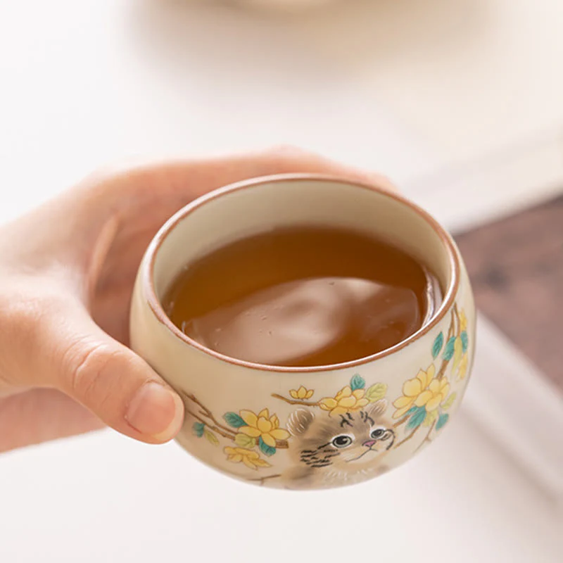 Cute Cat Yellow Flowers Rabbit Teacup Kung Fu Tea Cup