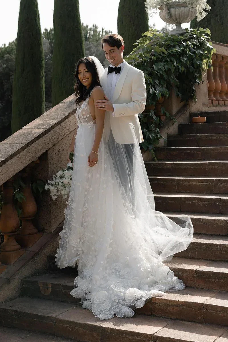 Fairy A Line V Neck Tulle Long Wedding Dress with 3D Appliques