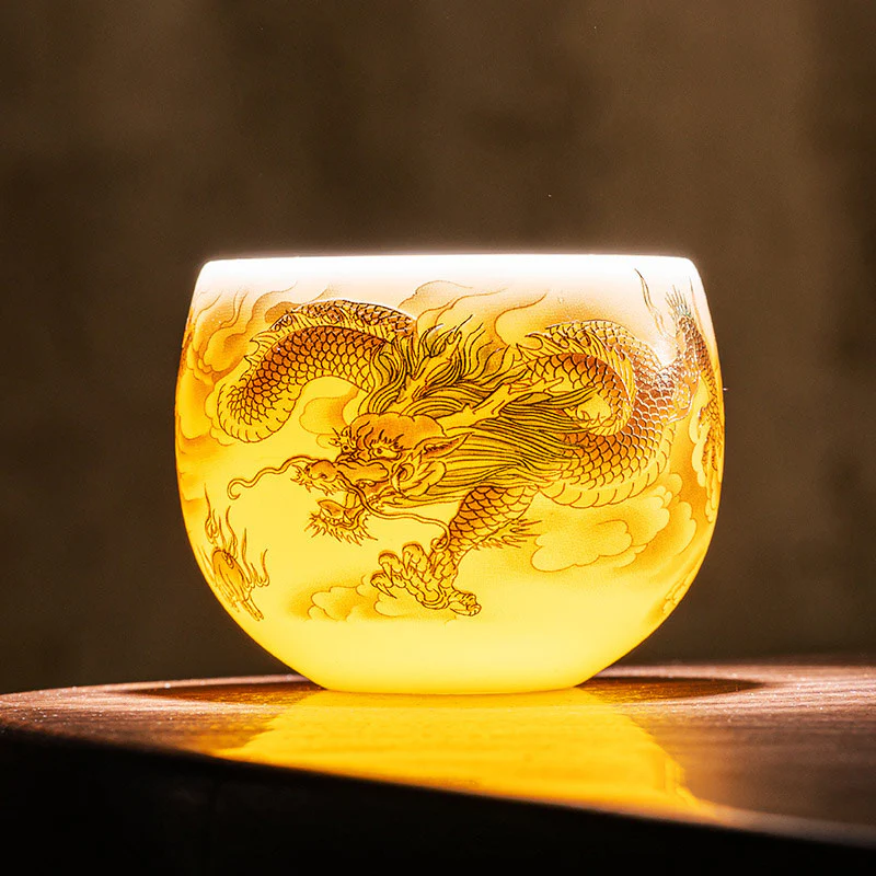 Dragon Phoenix Auspicious Clouds Ceramic Teacup Kung Fu Tea Cup With Gift Box
