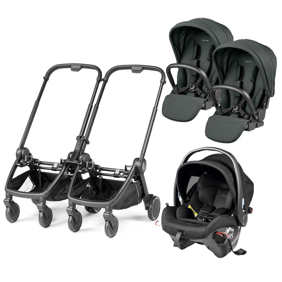 PEG City Loop Double Stroller + Primo Viaggio Urban Mobility Travel System Bundle - Black / Metal / True Black