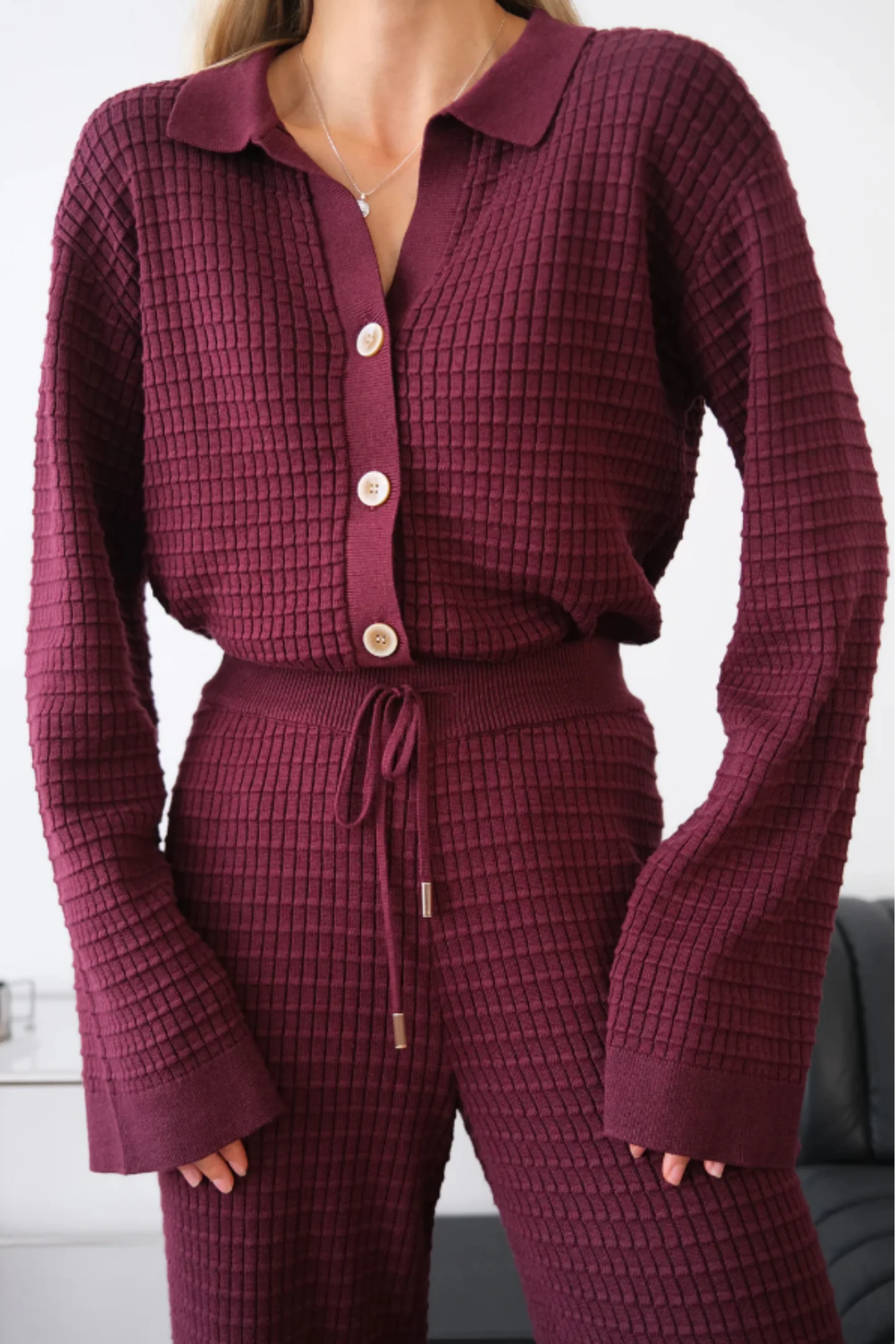 Wine Ribbed Collared Knit Co-ord Set