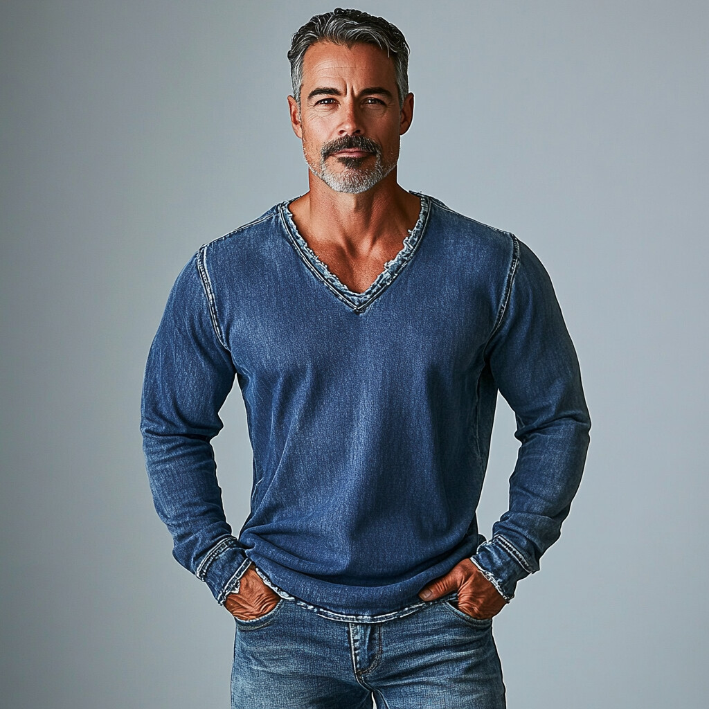 Men's Casual Raw Edge Denim V Neck Long Sleeve Sweatshirt