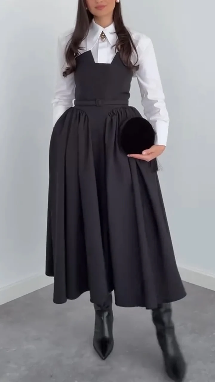 Women Laple Collar Shirt+ Strapless Patchwork Dress Elegant Temperament Set