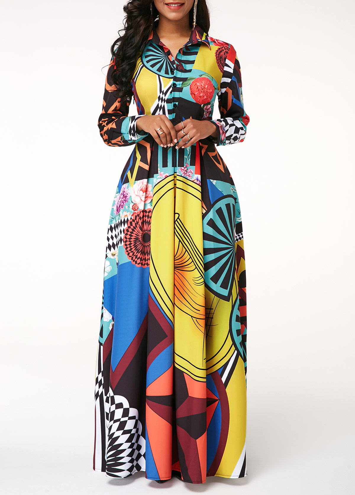 Printed Button Up Long Sleeve Turndown Collar Dress