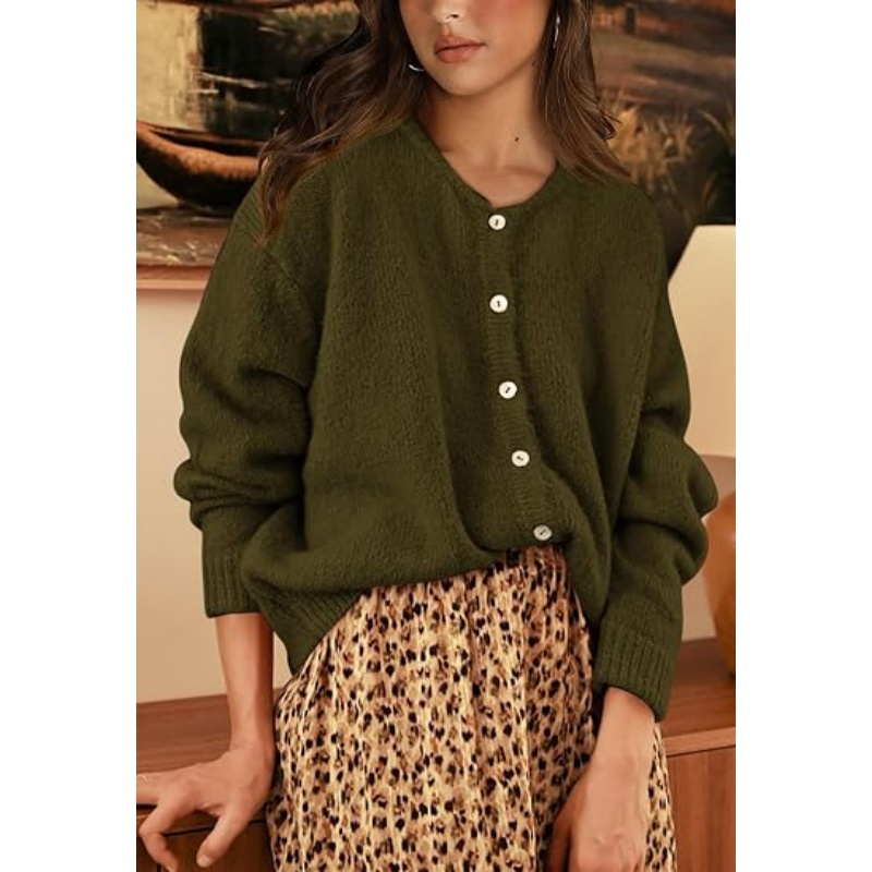 Women Fall Crewneck Button‑Down Knit Cardigan Long Sleeve Drop‑Shoulder Loose Cropped Textured Knit Outerwear
