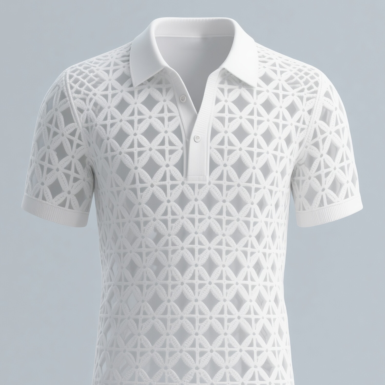 Men's Half Button Short Sleeve Geometric Hollow Crochet Polo Shirt