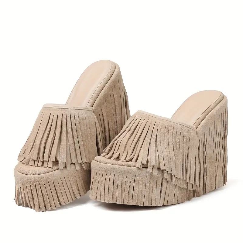 Elegant Tassel Platform Wedge Sandals – Slip-On Round Open Toe with Fringe Detail
