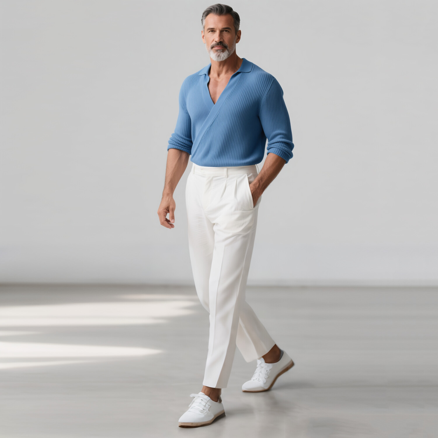 Men's Turndown Collar Wrap Long Sleeve Ribbed Knit Shirt