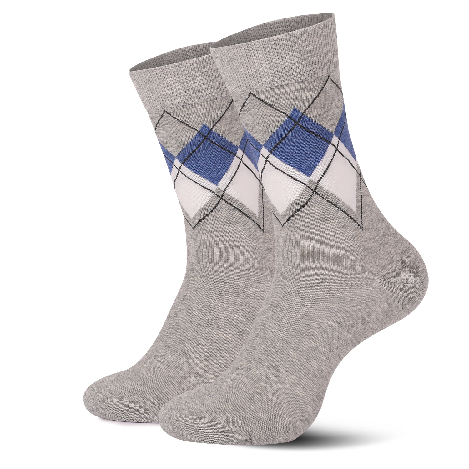 Men's Business Navy Blue Color Block Argyle Pattern Combed Cotton Crew Socks