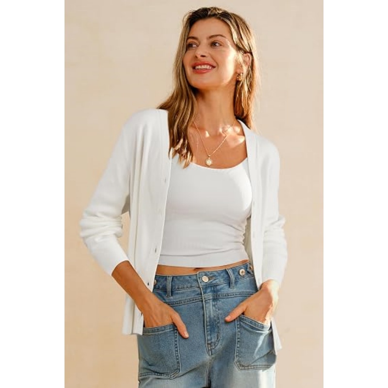Women Wool‑Blend Button‑Down Knit Cardigan V‑Neck Long Sleeve Cropped Business Casual Fall Knit Outer Top