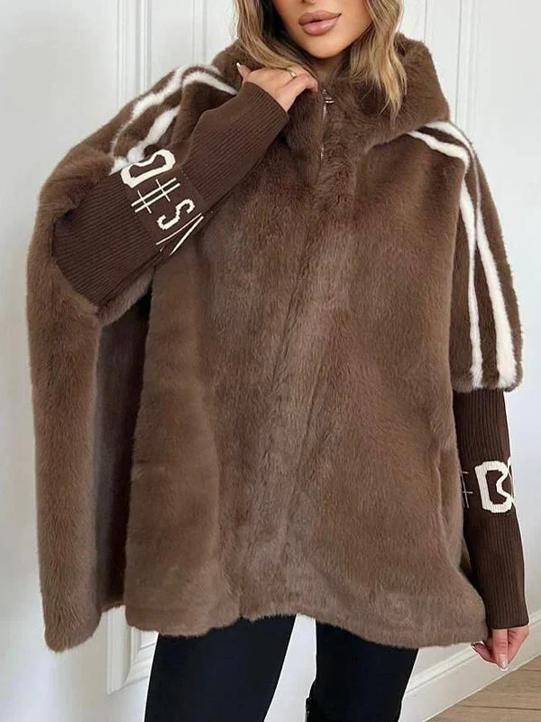 Women Plush Hooded Vertical Stripe Printed Casual Coat