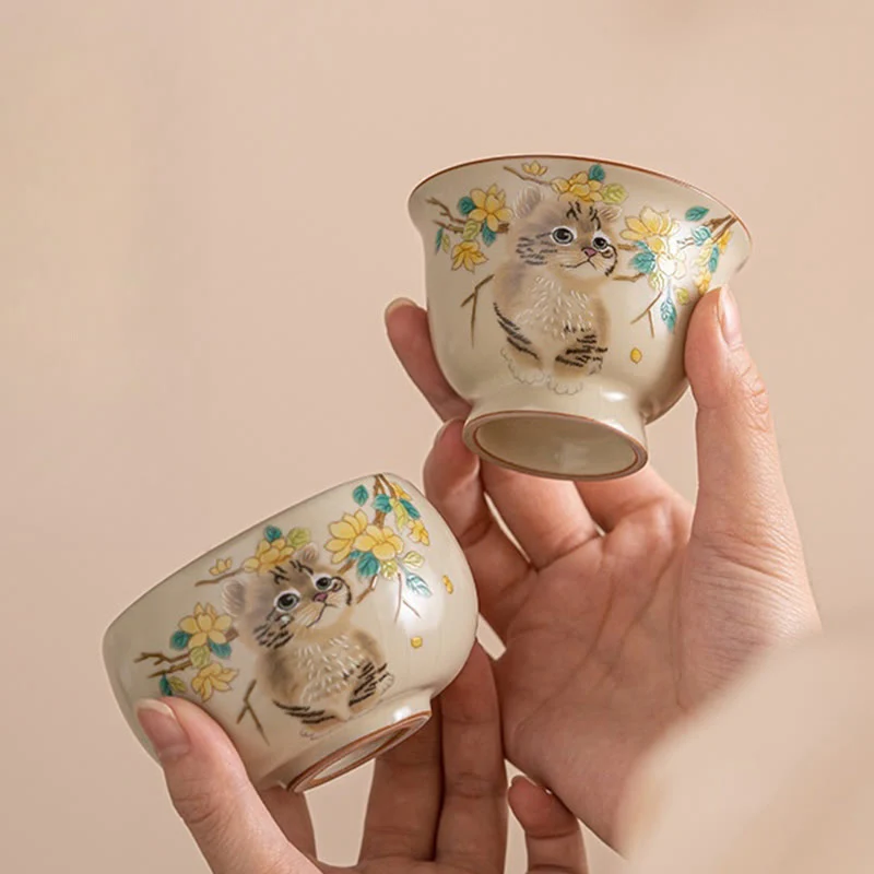 Cute Cat Yellow Flowers Rabbit Teacup Kung Fu Tea Cup
