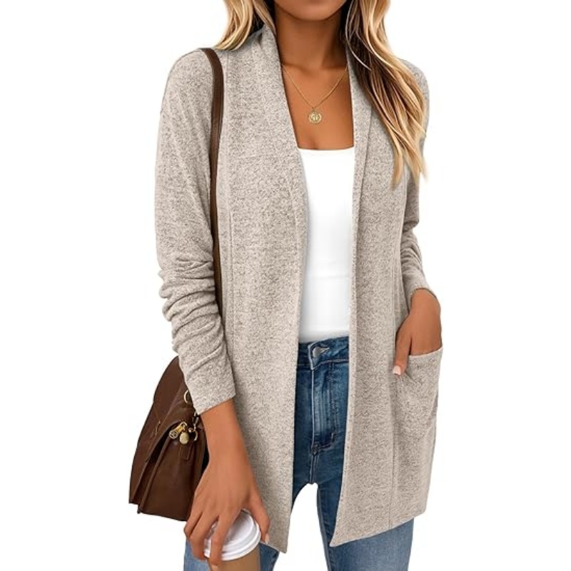 Women Lightweight Open Front Knit Cardigan Long Sleeve Fall Casual Cardigan with Pockets Soft Mid‑Length Outerwear