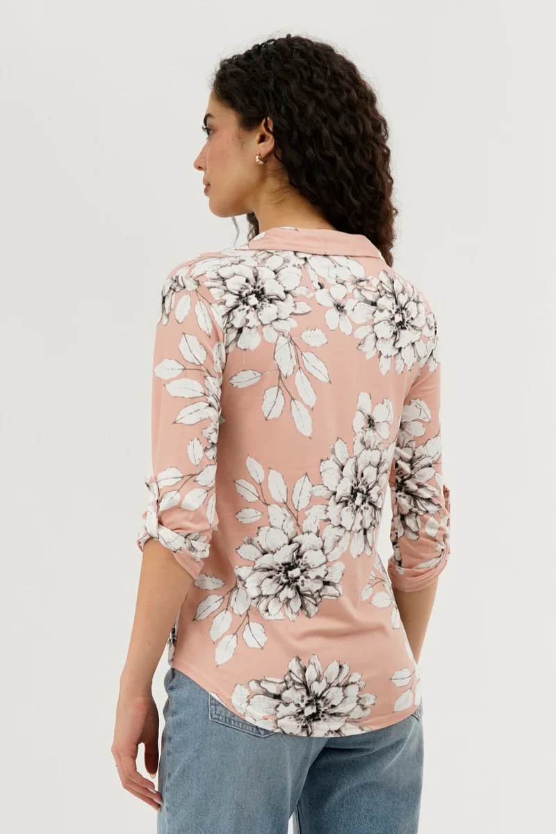 Floral Button Up Blouse - Peach