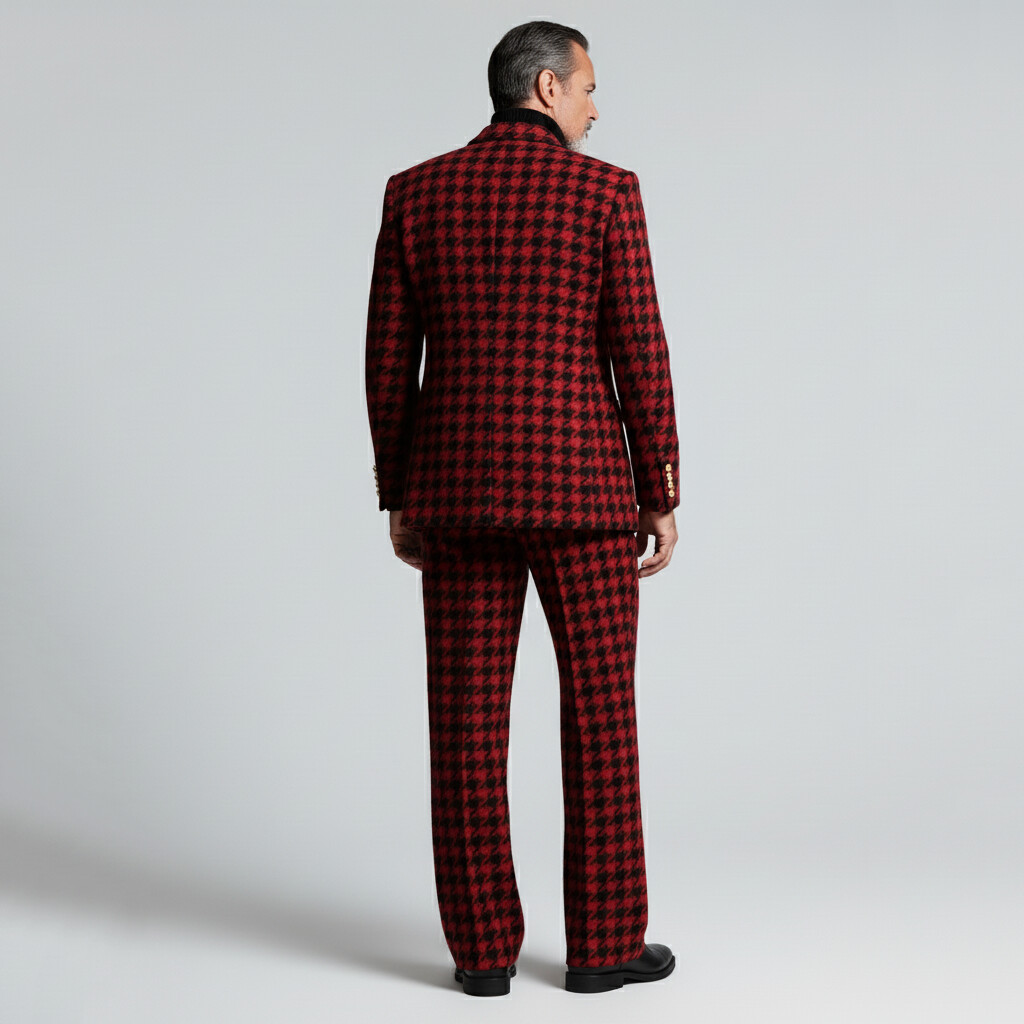 Men's Business Red Houndstooth Pattern Double Breasted Peaked Lapel Long Sleeve Blazer