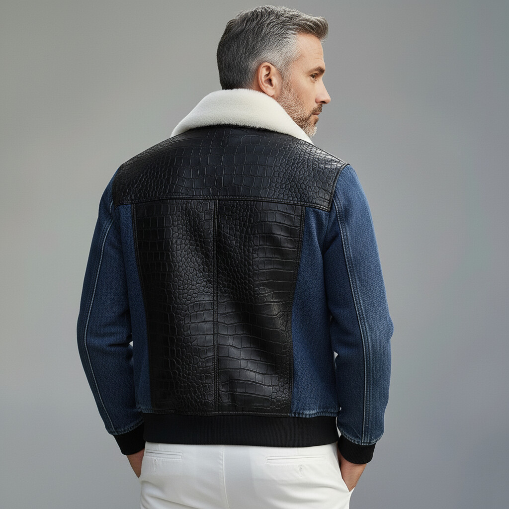 Men's Blue Denim Crocodile PU Leather Patchwork Plush Collar Long Sleeve Zip Up Jackets