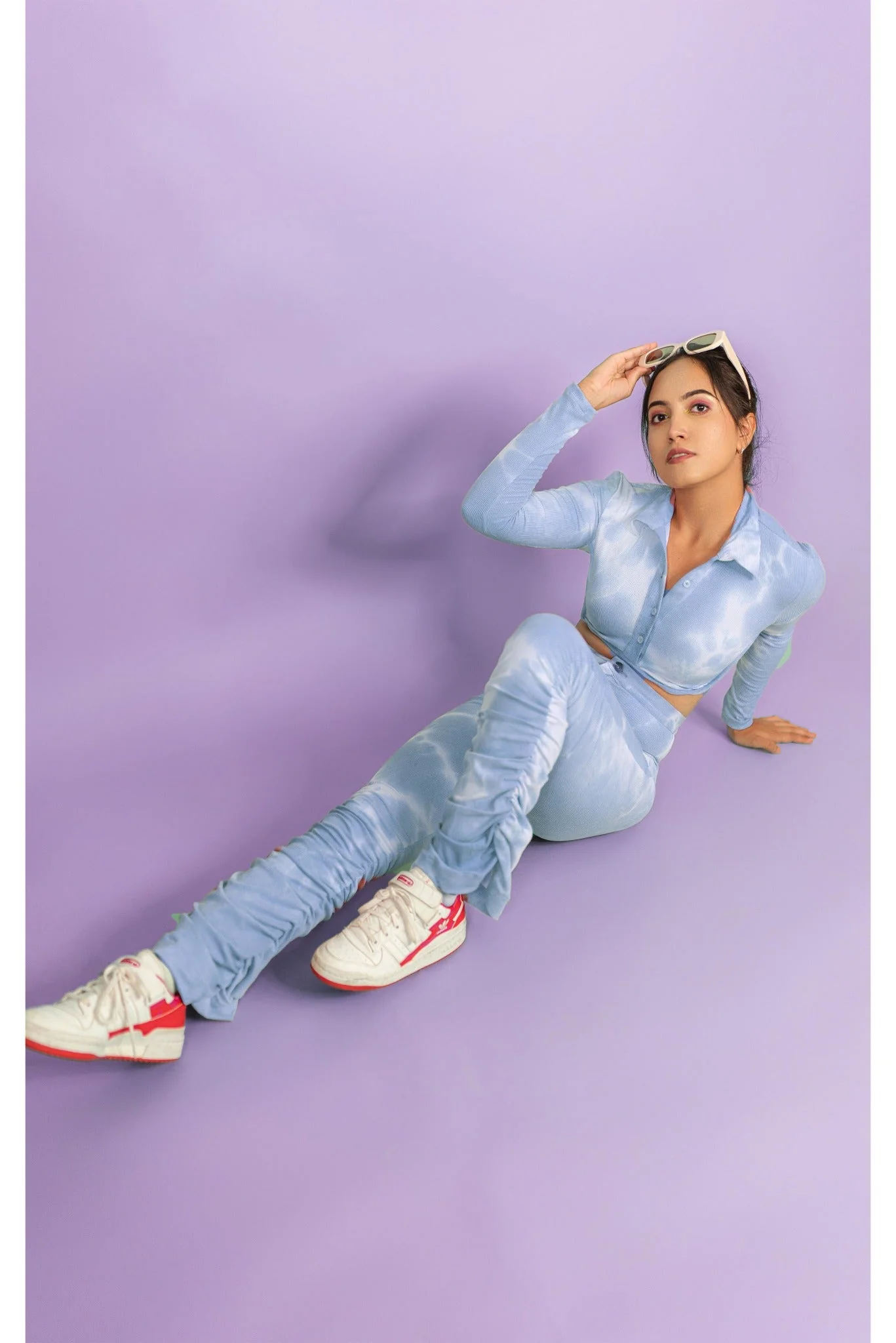 Blue Tie-Dye Half Placket Top with Gathered Hem Pants Coord Set
