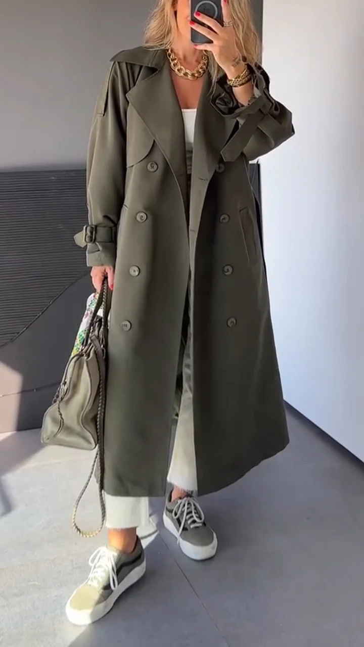 Women Lapel Double Breasted Casual Windbreaker with Temperament