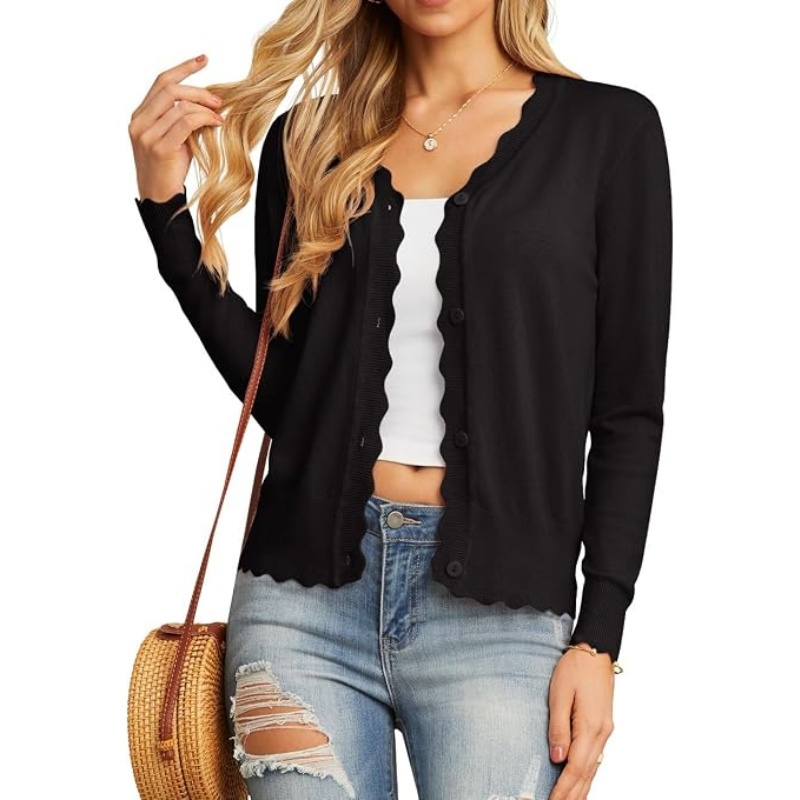 Women Lightweight Button‑Down Knit Cardigan Scalloped V‑Neck Long Sleeve Cropped Casual Knit Outerwear 2026 Fall Fashion