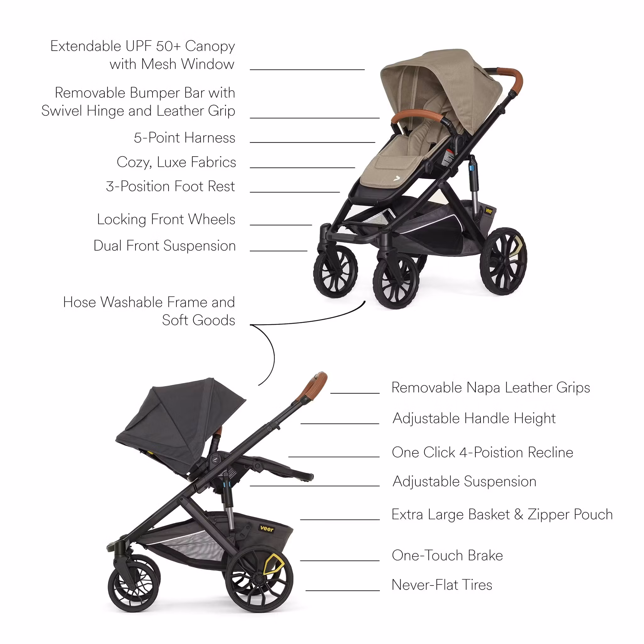 Veer Switch&Roll Luxe Single-to-Double Stroller Bundle with Leather Kit - Brown Mica