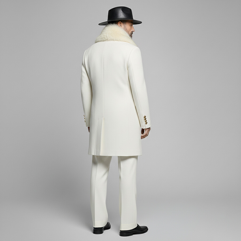 Men's White Furry Collar Double Breasted Shawl Lapel Long Sleeve Trench Coats