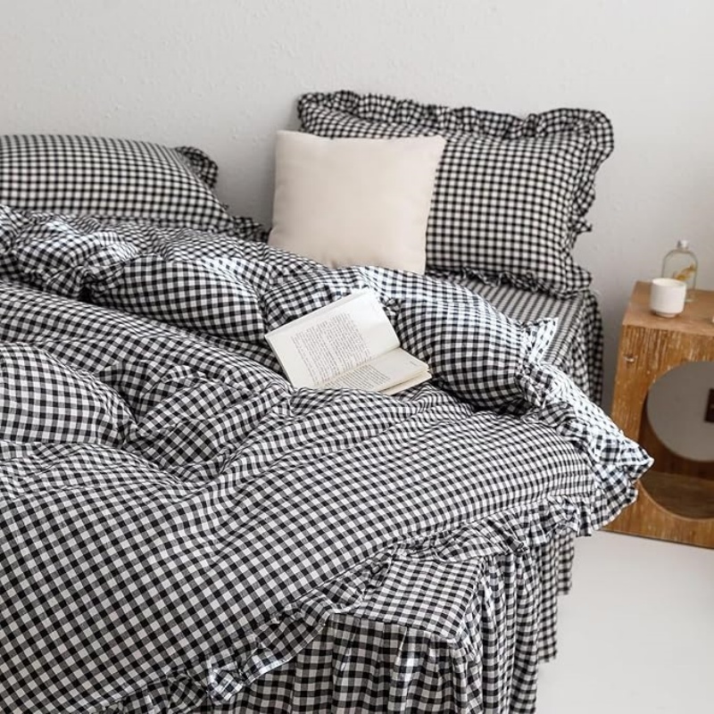 Black White Gingham Ruffle Duvet Cover Queen