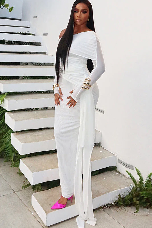 Mesh White One-Shoulder Maxi Dress