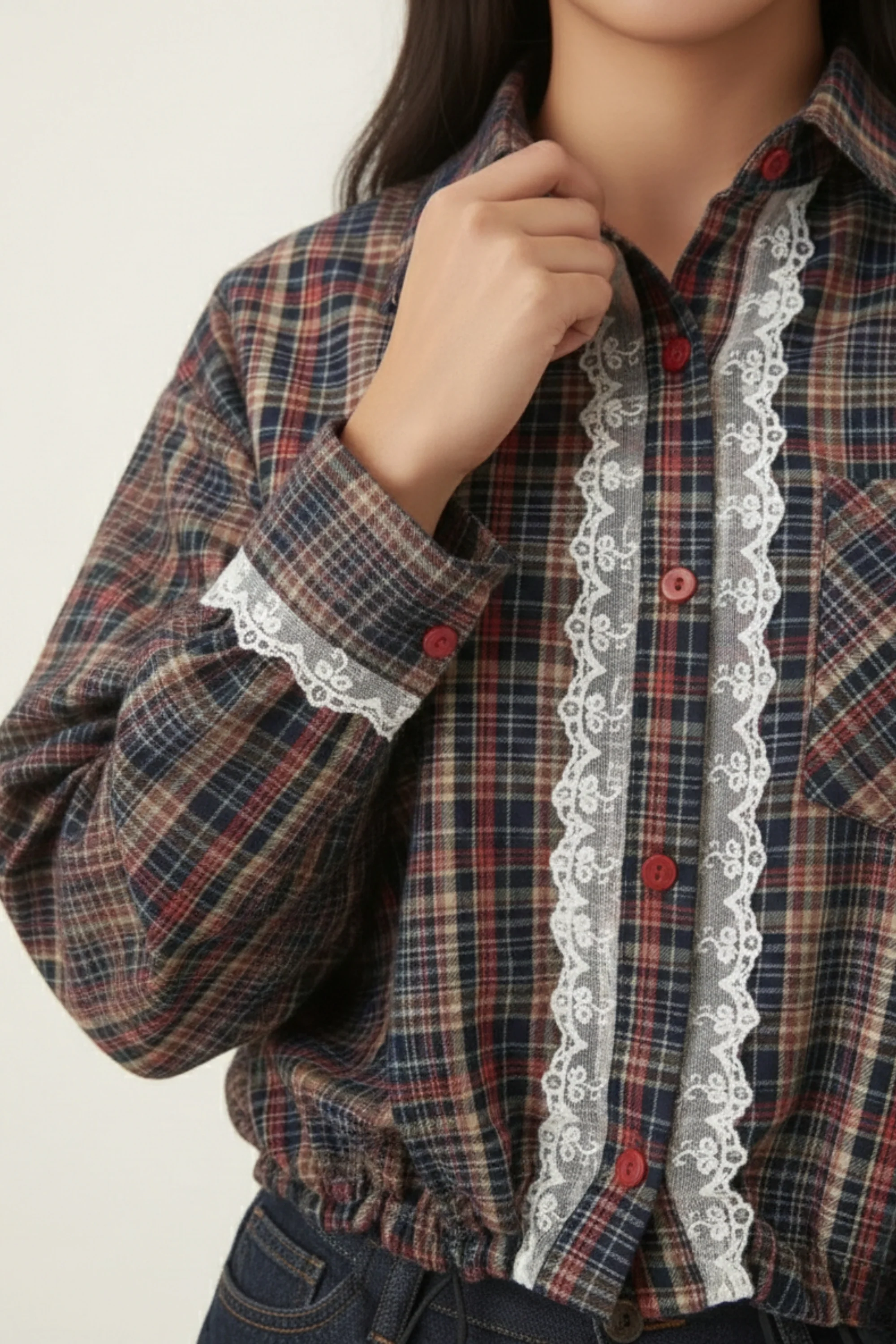 Rust Check Lace-Trim Cropped Shirt