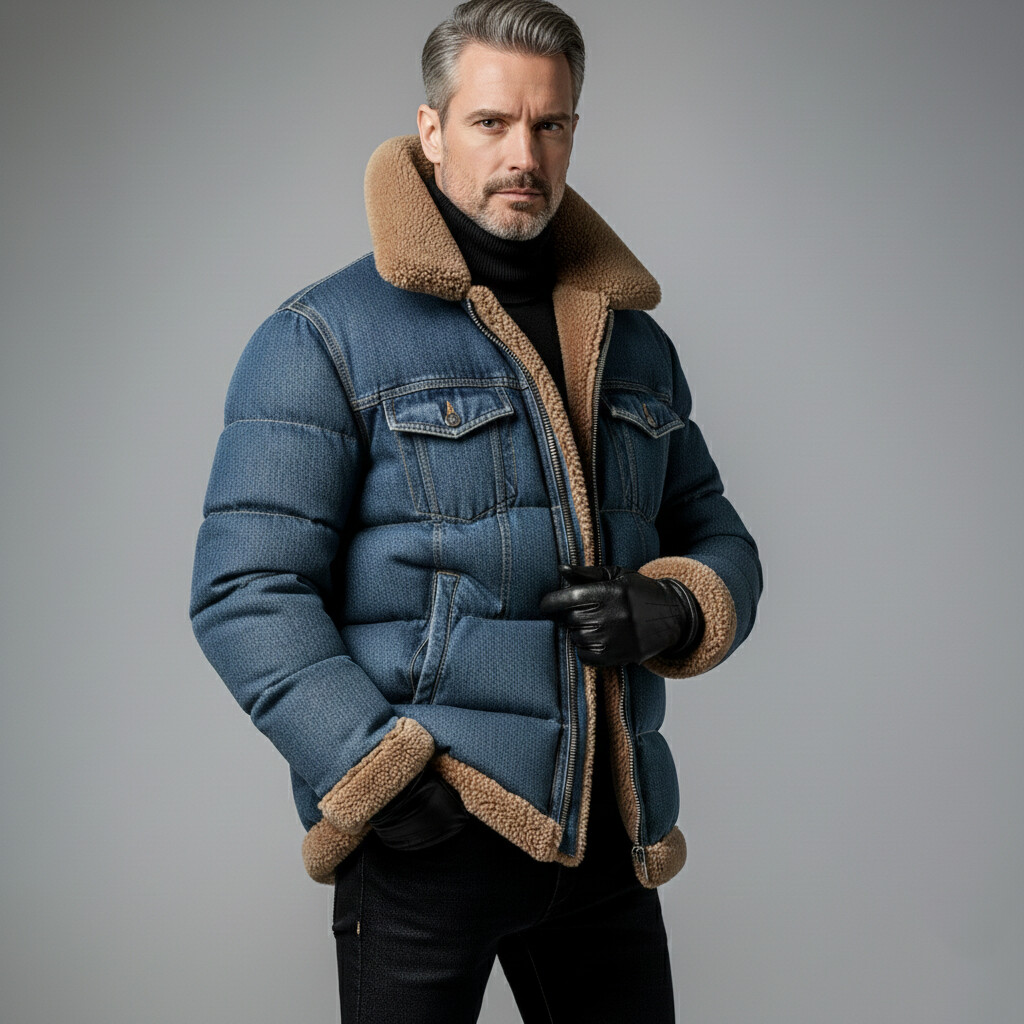 Men's Blue Shearling-Lined Turndown Collar Long Sleeve Utility Pockets Zipper Denim Puffer Jackets