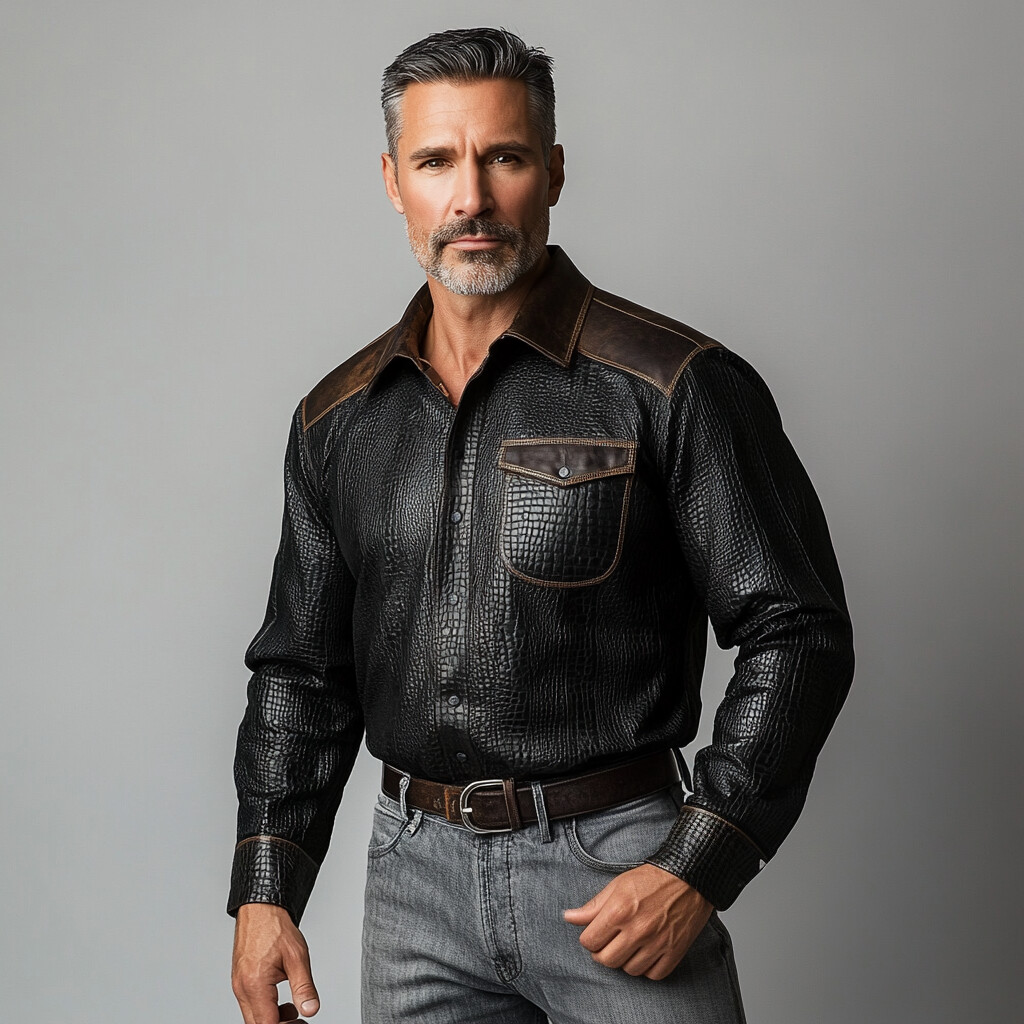 Men's Fashion Alligator Pattern PU Leather Button Long Sleeve Shirt