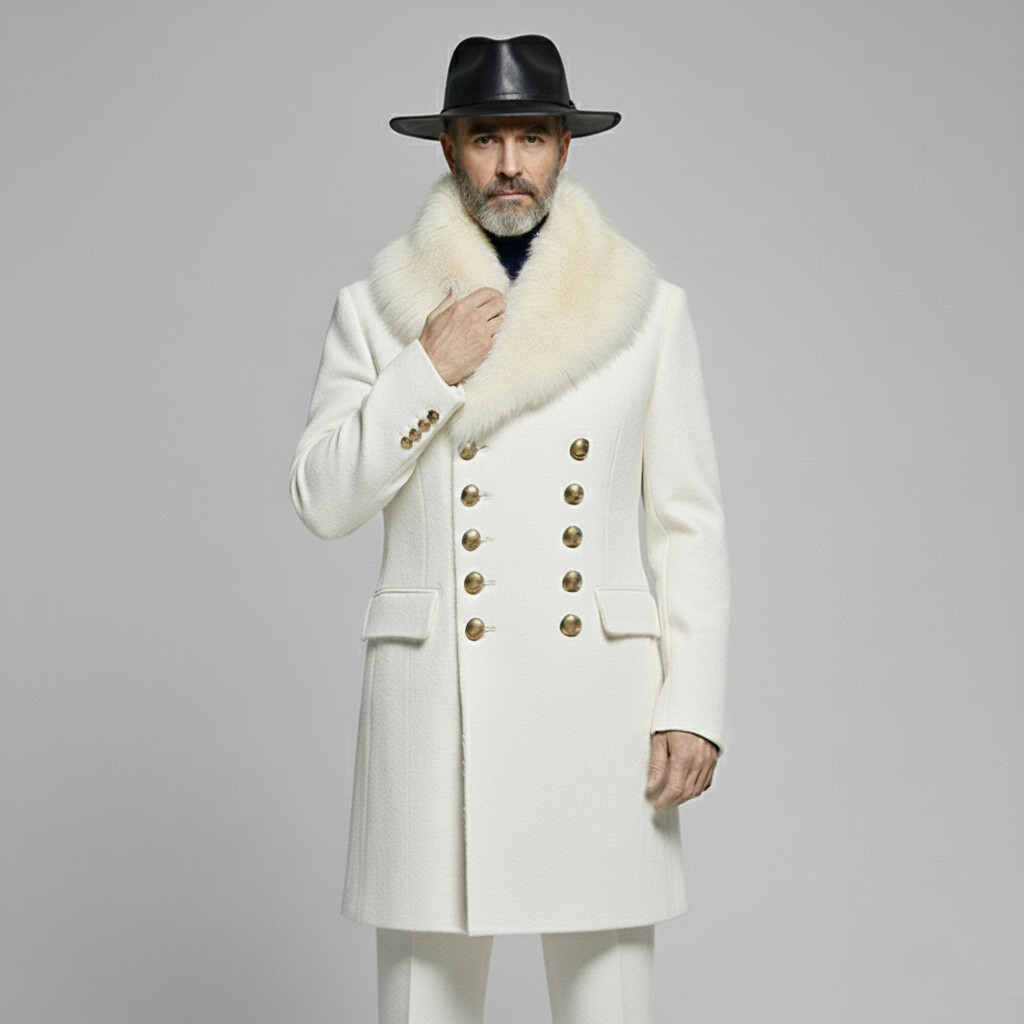 Men's White Furry Collar Double Breasted Shawl Lapel Long Sleeve Trench Coats