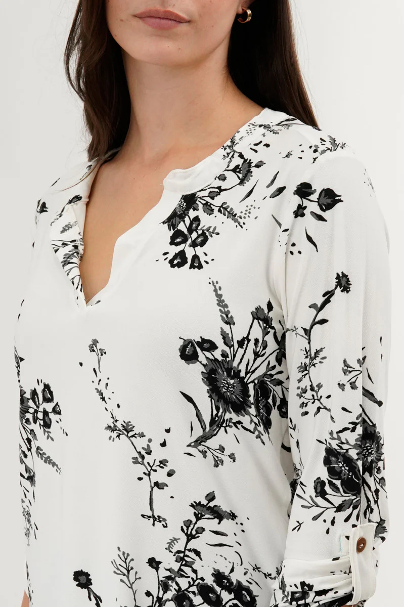 Floral Split Neck Blouse - White