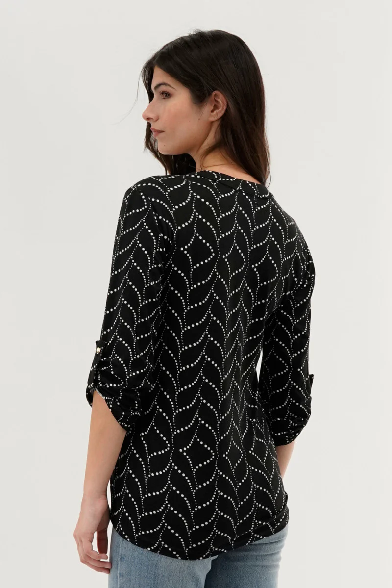 Patterned Lace Up Blouse - Black