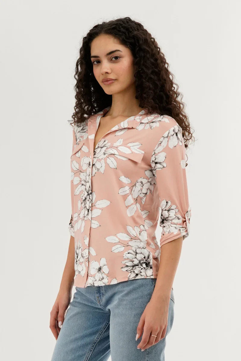 Floral Button Up Blouse - Peach