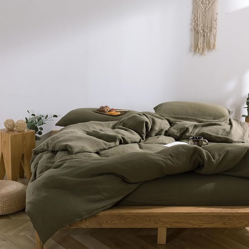Olive Green Waffle Weave Duvet Cover Set