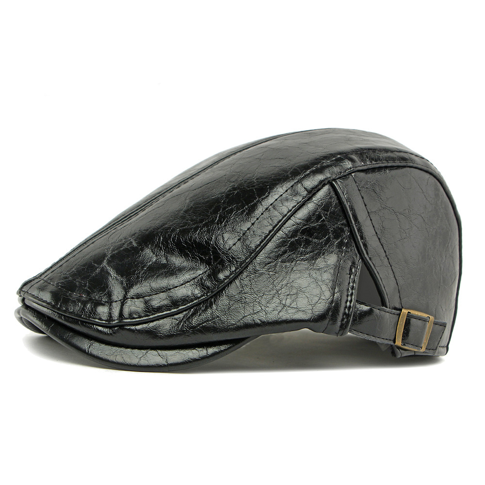 Men's Retro Coffee PU Leather Adjustable Buckle Fleece-Lined Keep Warm Newsboy Cap