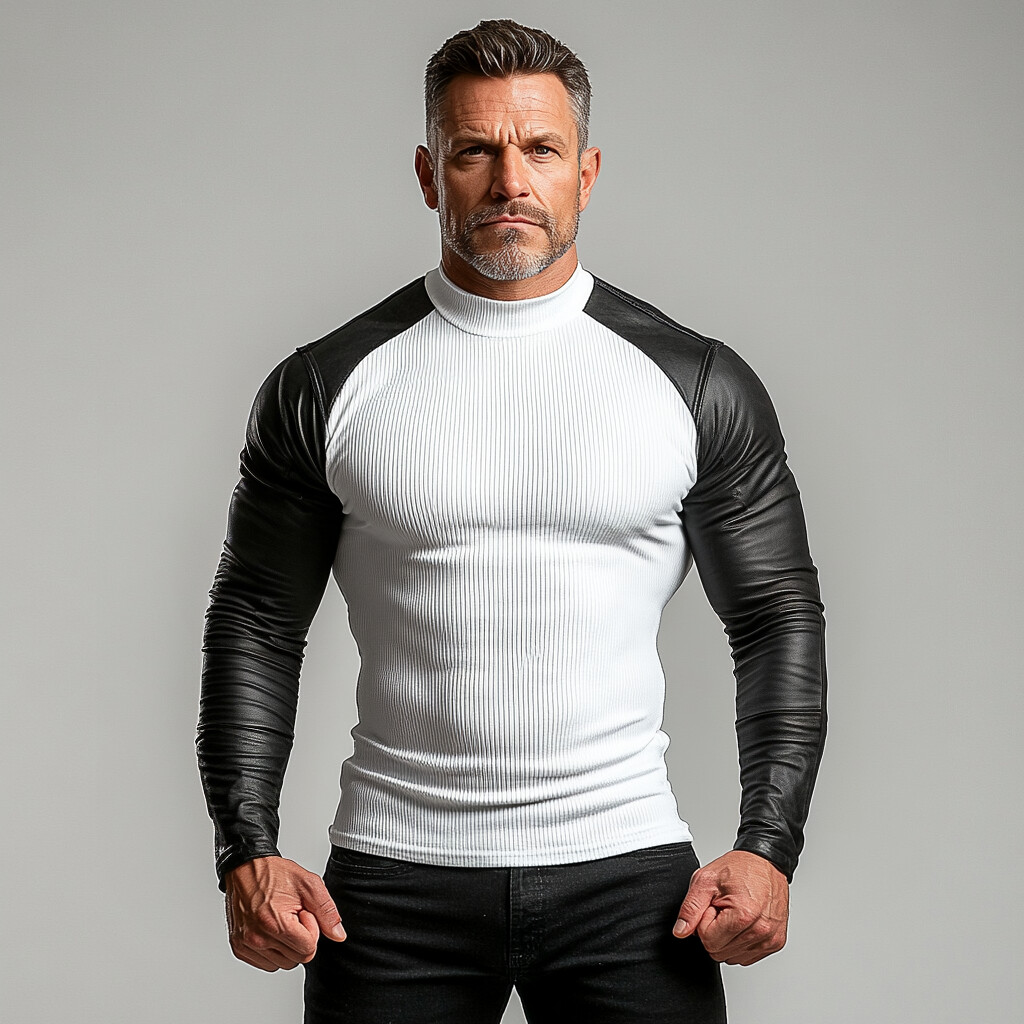 Men's Contrast Color PU Leather Patchwork Long Sleeve T-Shirt