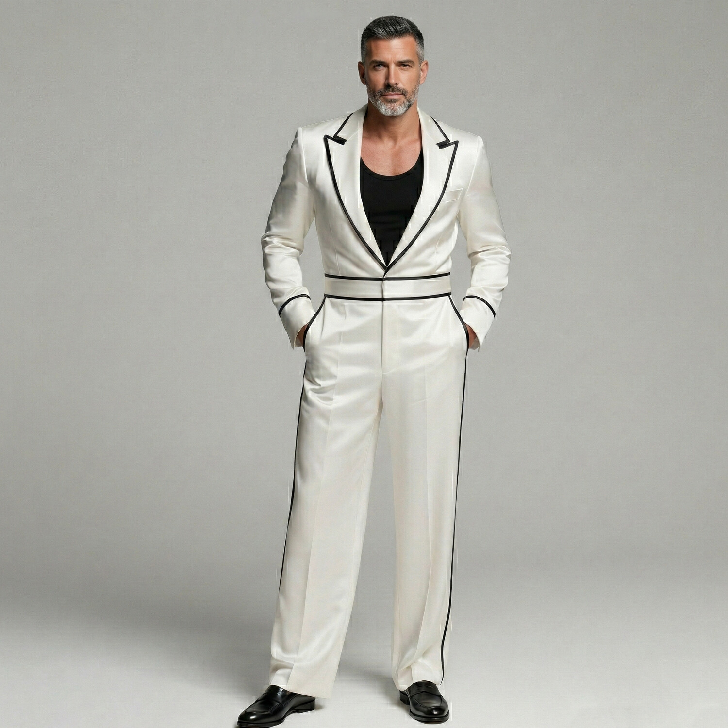 [Pre-Order] Men's Wedding White Satin Contrast Trim Peak Lapel Long Sleeve Jumpsuit