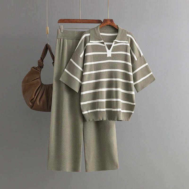 Stylish Striped Top & Solid Color Wide Leg Pants Two-Piece Set
