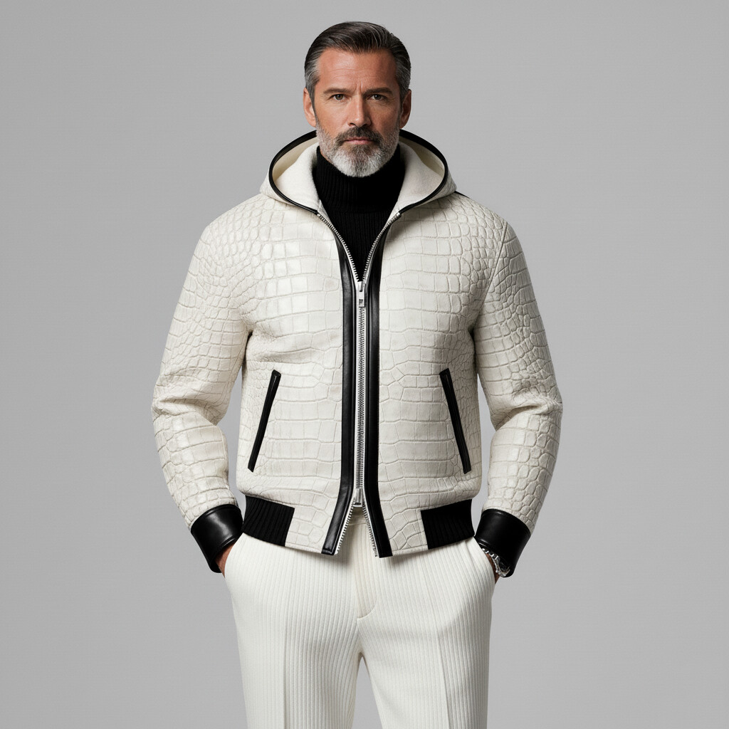 Men's White PU Leather Crocodile Pattern Contrast Binding Two-Way Zipper Hooded Jacket