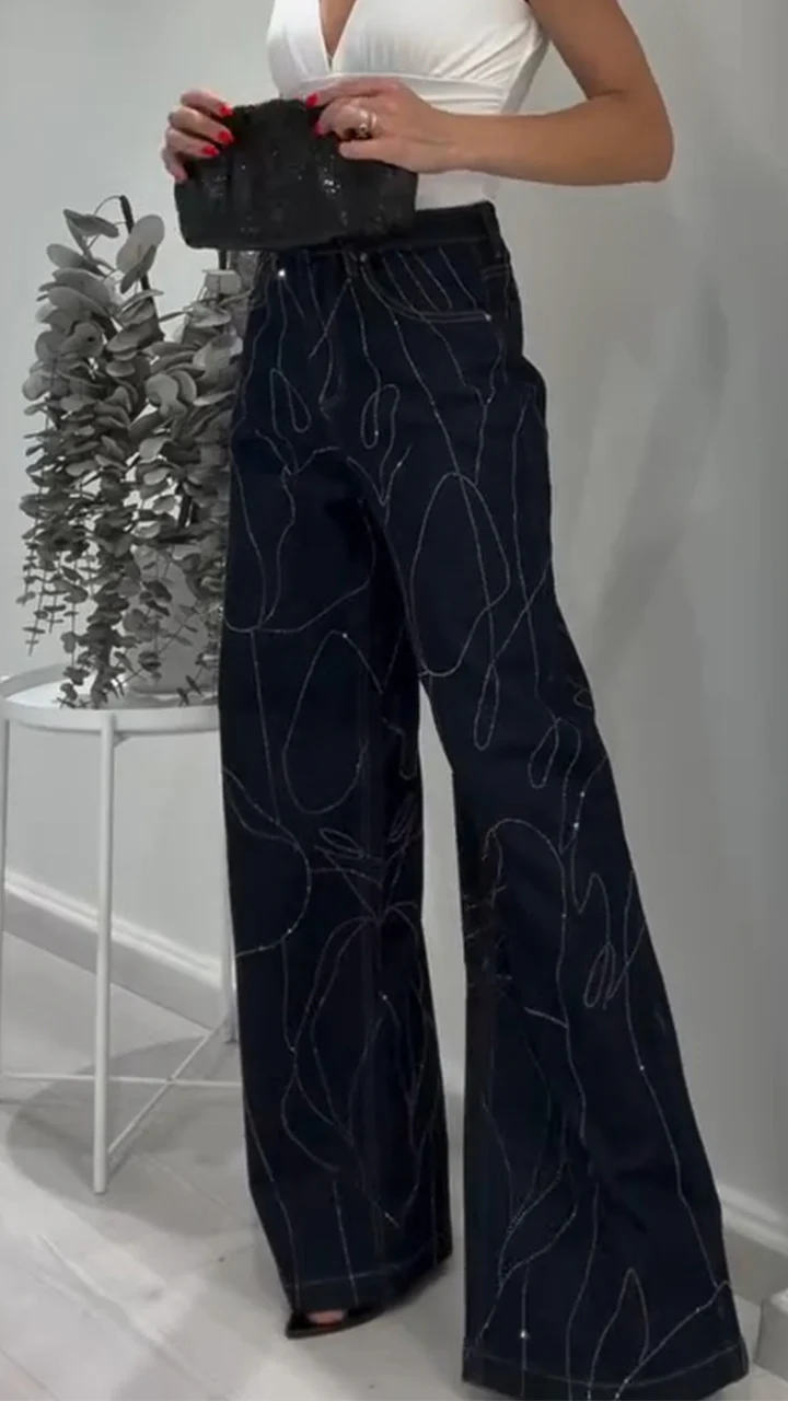 Women High-waisted Textured Rhinestone Casual Jeans
