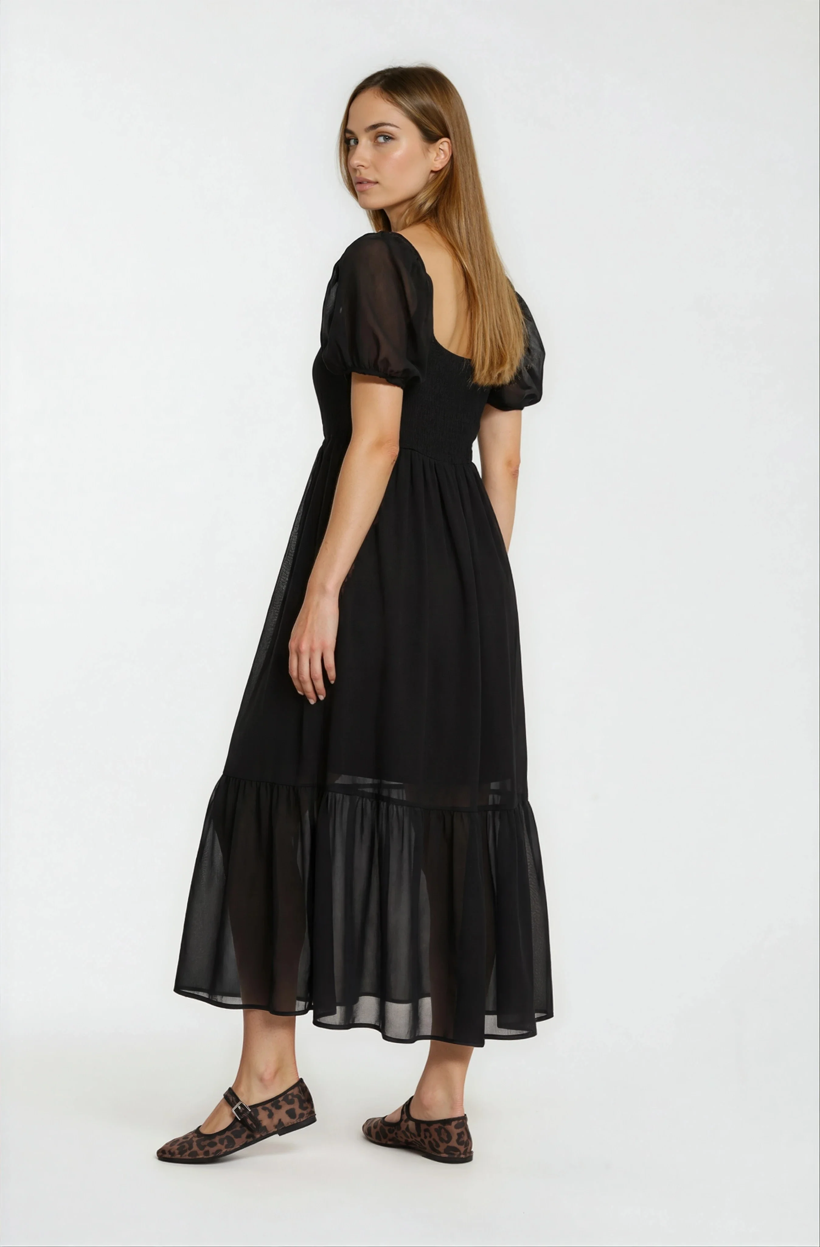 Pleated Puff Sleeve Dress - Black