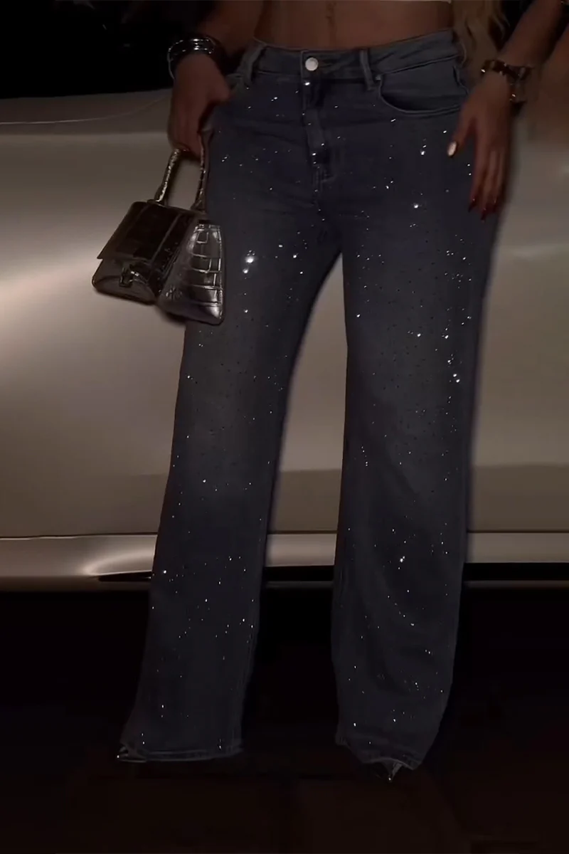 Women Hot Rhinestone and Washed Casual Jeans