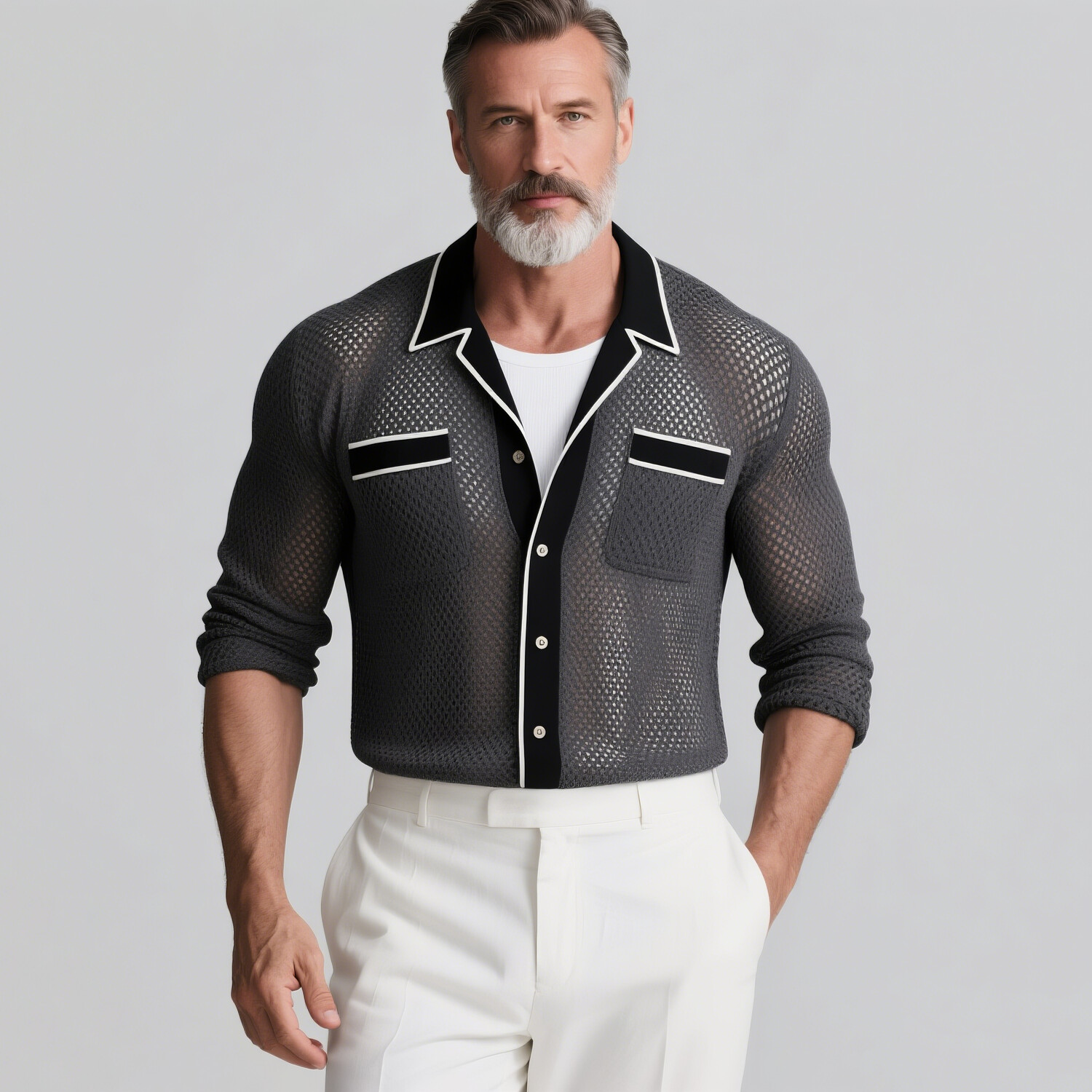 [Pre-Order] Men's Casual Charcoal Grey Contrast Trim Camp Collar Long Sleeve Mesh Knit Shirt