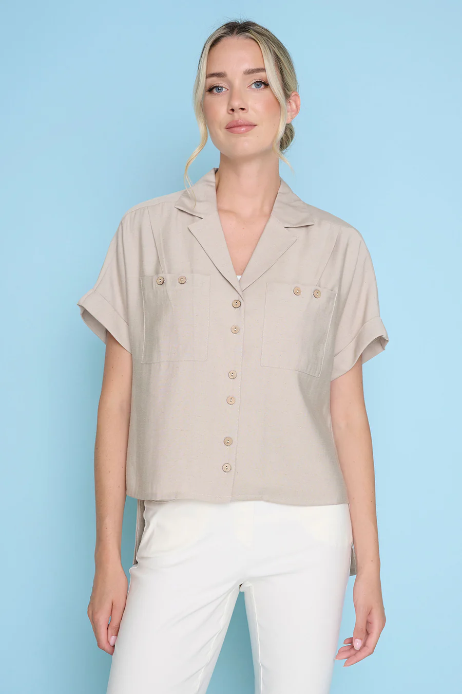 Button-Front Top with Pockets