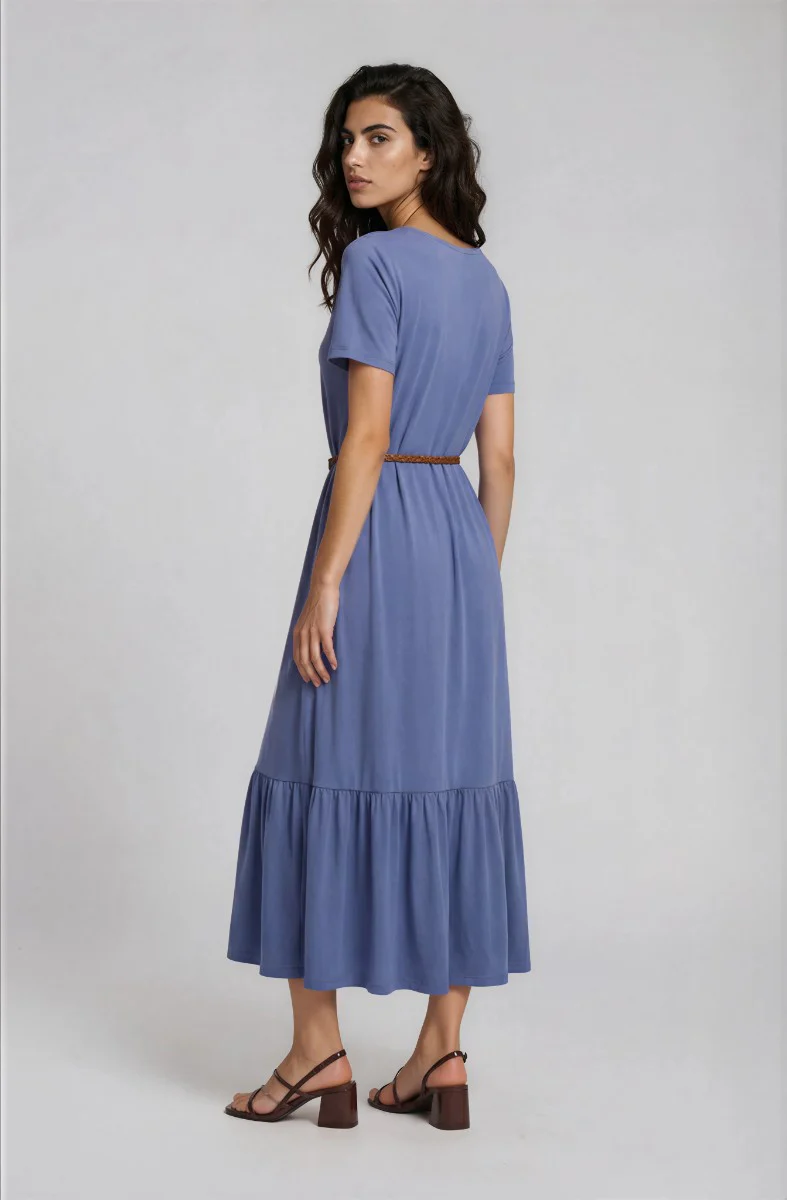 Short Sleeve Belted Dress - Blue